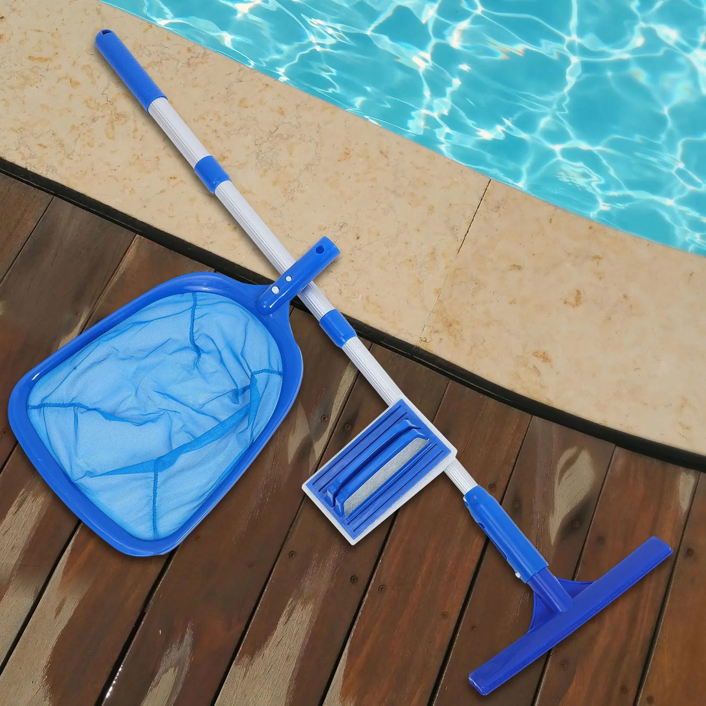 Swimming Pool Cleaning Set Maintenance Tools Pond Scoop Net Brush with Pole Leaf Deep Rake Head Skimmer