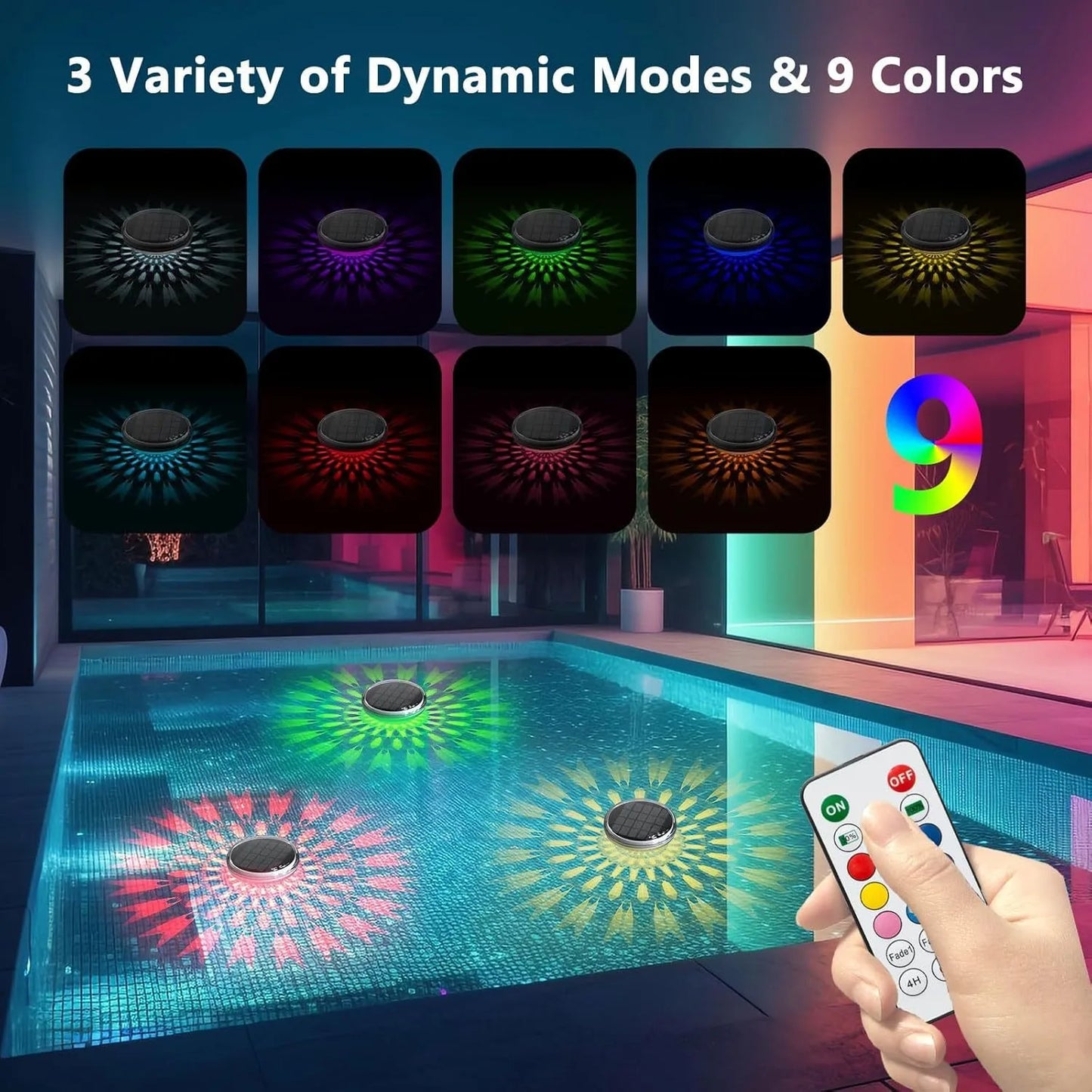 Solar Floating Pool Lights IP68 Waterproof Pood Light Remote Control 3 Dynamic Lighting Timing Mode for Pond Pool Decor Lighting