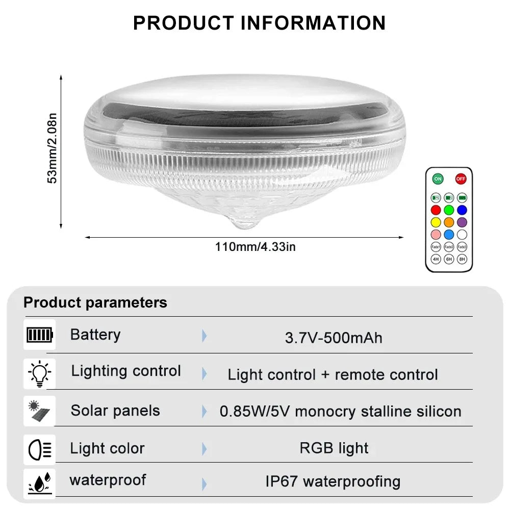 Solar Floating Pool Lights IP68 Waterproof Pood Light Remote Control 3 Dynamic Lighting Timing Mode for Pond Pool Decor Lighting